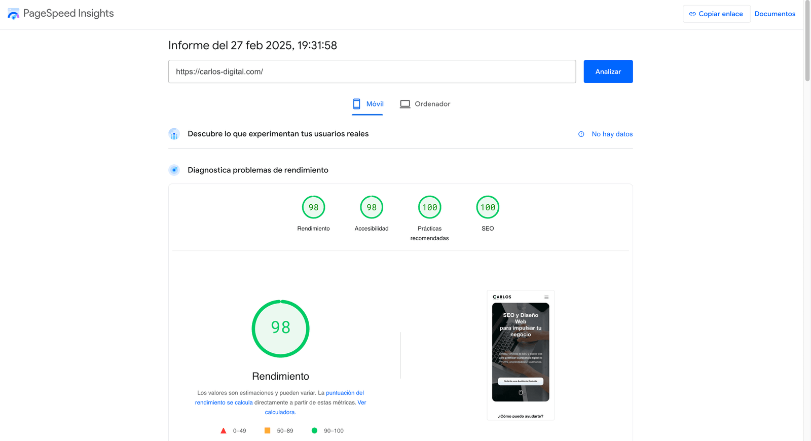 Excelentes metricas en GooglePageSpeed Insights para la web Carlos Digital
