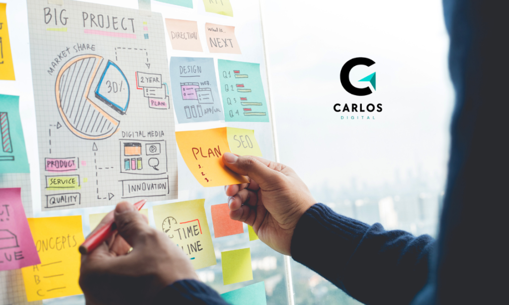 Persona planificando acciones de marketing en un tablero con notas y gráficos de estrategia digital