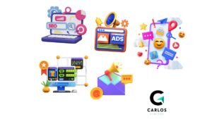 Canales de marketing digital representados en ilustraciones 3D