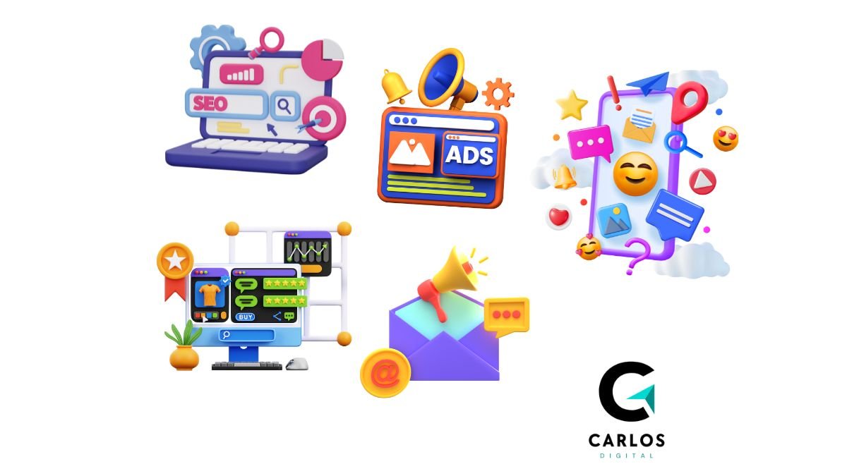 Canales de marketing digital representados en ilustraciones 3D